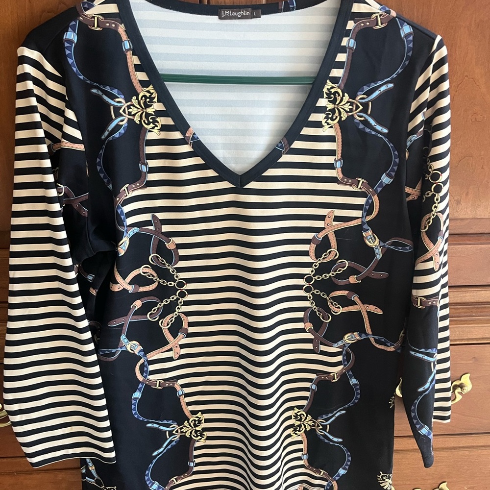 J. McLaughlin Navy and White Chain Print Blouse